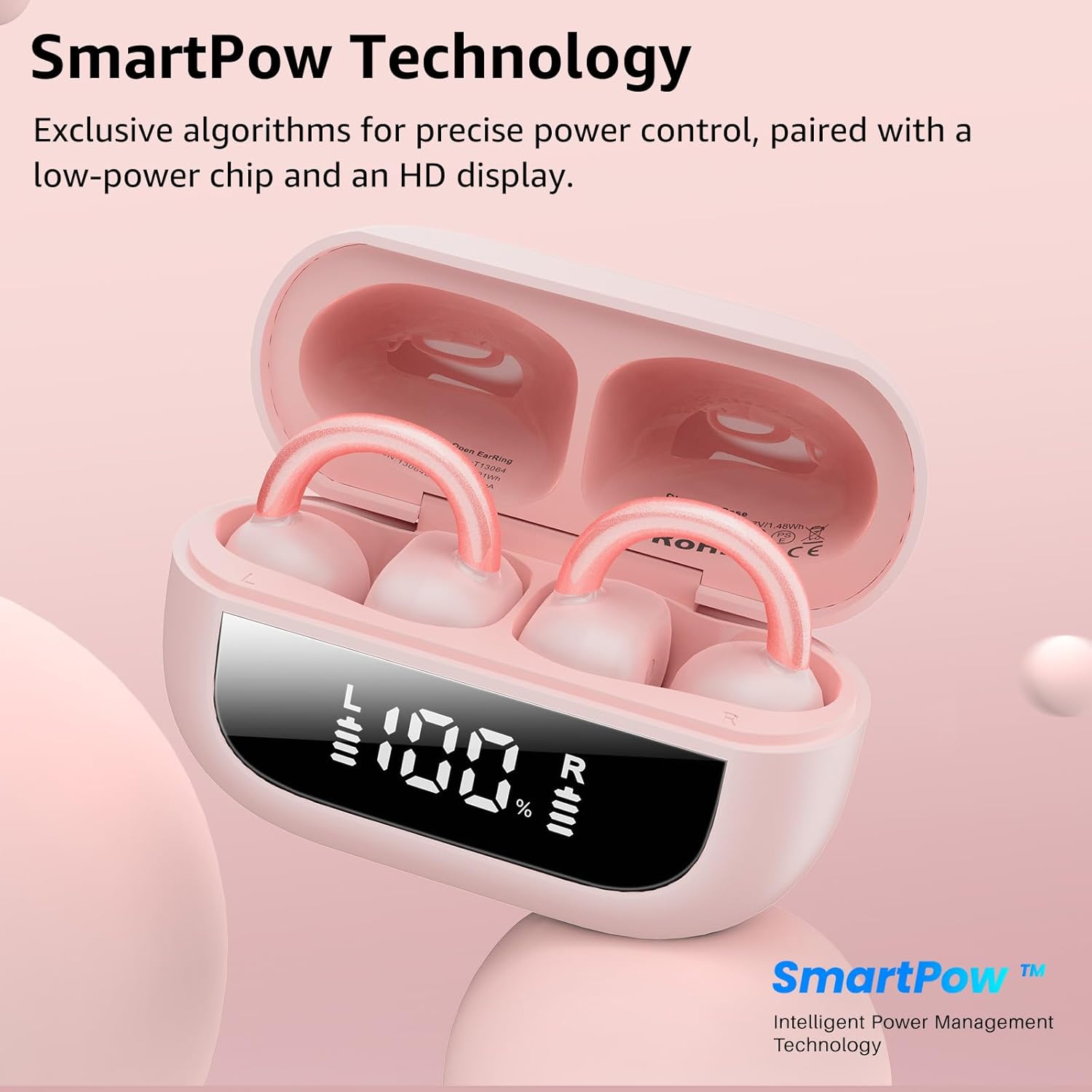 TOZO Openearring Auriculares Inalámbricos Bluetooth 5.4,EQs Personalizable con APP,40H Autonomía,Tipo C y IPX5, Pantalla LED,Clip Ultraligero 5.1g,Ideal para Oficina,Llamadas y Deporte,Rosa - 5