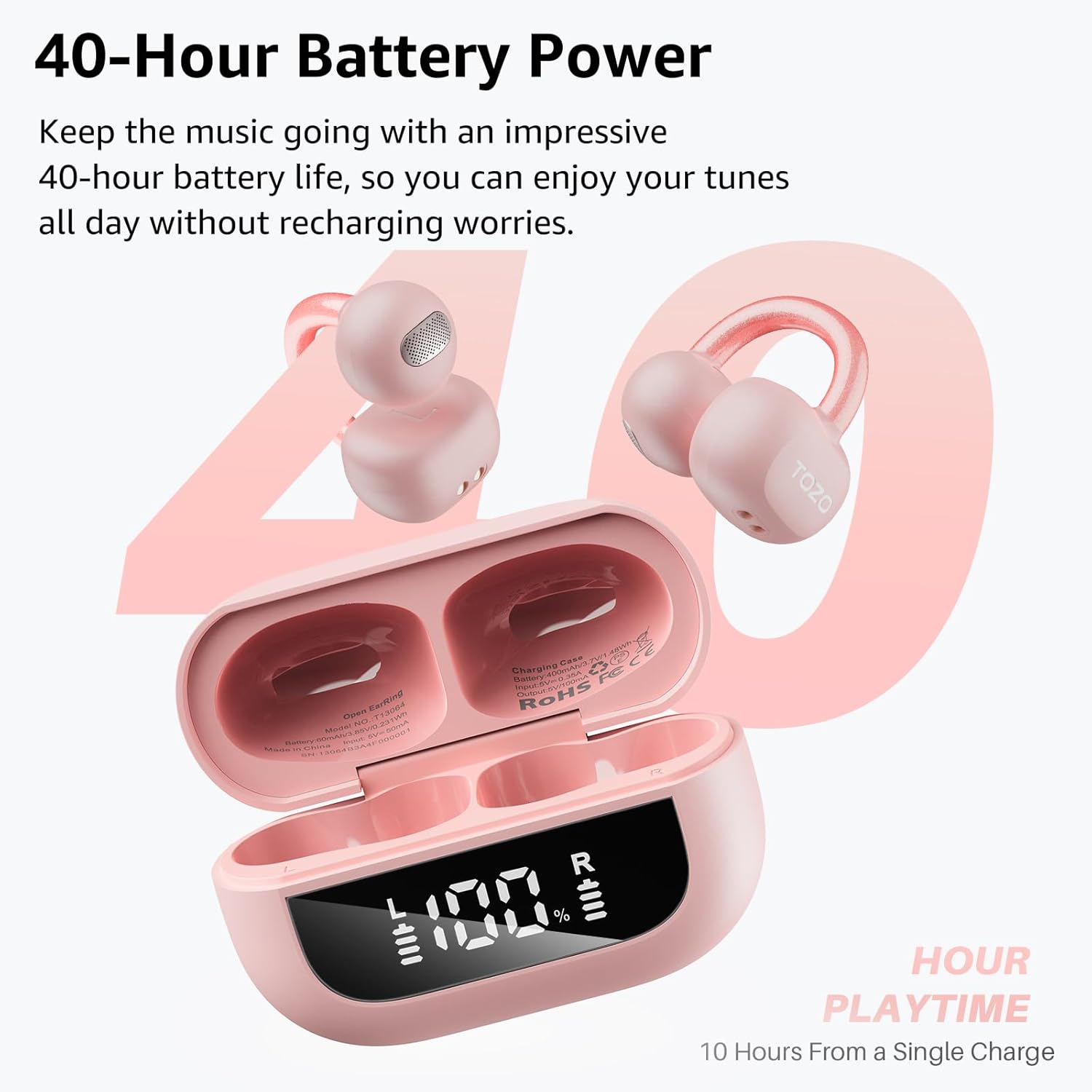 TOZO Openearring Auriculares Inalámbricos Bluetooth 5.4,EQs Personalizable con APP,40H Autonomía,Tipo C y IPX5, Pantalla LED,Clip Ultraligero 5.1g,Ideal para Oficina,Llamadas y Deporte,Rosa - 6