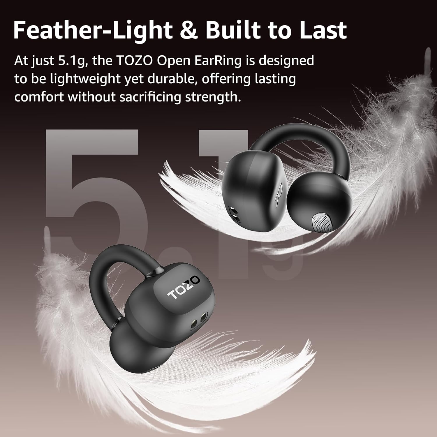 TOZO Openearring Auriculares Inalámbricos Bluetooth 5.4,EQs Personalizable con App,40H Autonomía,Tipo C y IPX5, Pantalla LED,Clip Ultraligero 5.1g,Ideal para Oficina,Llamadas y Deporte,Negro Oscuro - 3