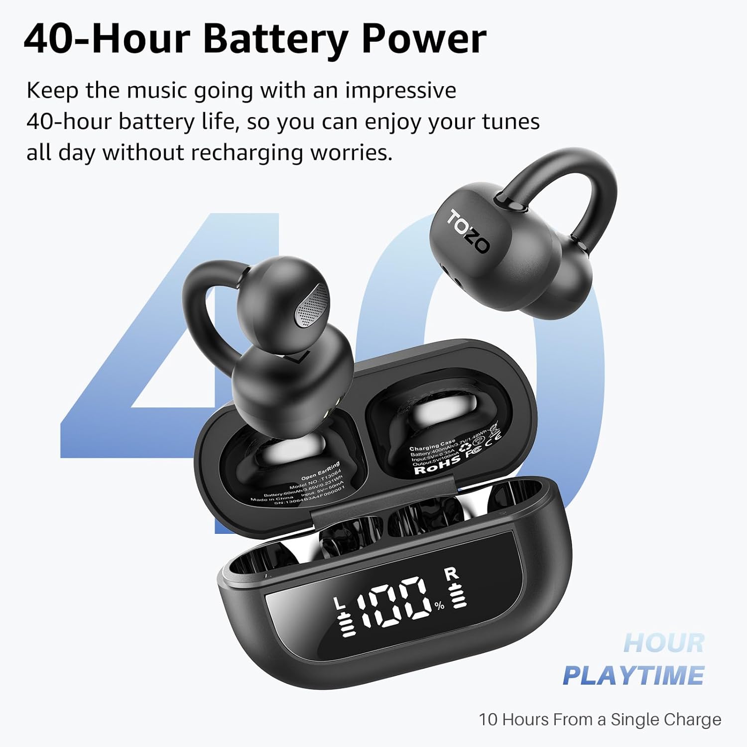 TOZO Openearring Auriculares Inalámbricos Bluetooth 5.4,EQs Personalizable con App,40H Autonomía,Tipo C y IPX5, Pantalla LED,Clip Ultraligero 5.1g,Ideal para Oficina,Llamadas y Deporte,Negro Oscuro - 5