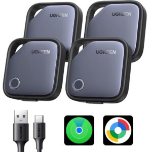 UGREEN FineTrack Duo Soporte iOS Find My o Android Find Hub Smart Finder Carga USB C Localizador Bluetooth SmartTag Tracker Rastreador para Llaves Equipaje Cartera Bicicleta Mochila Bolso(4 Piezas)