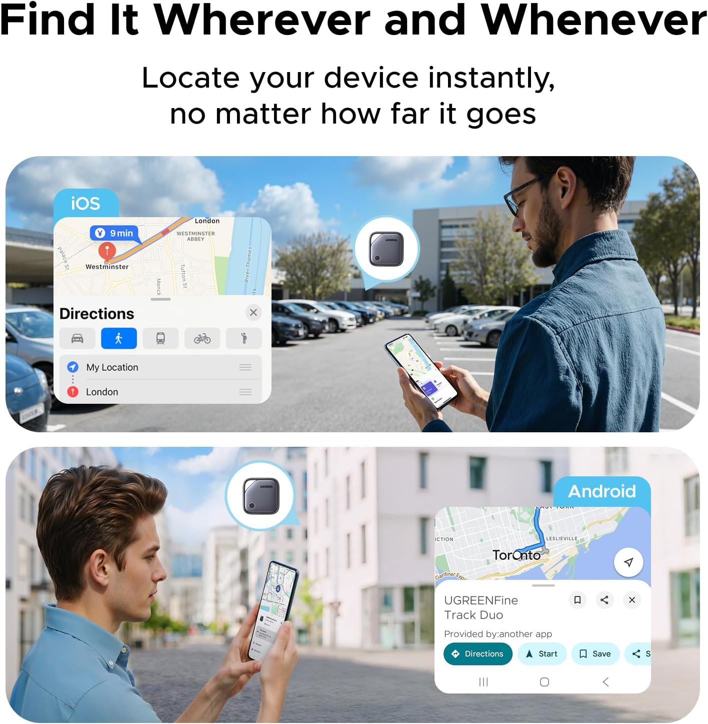 UGREEN FineTrack Duo Soporte iOS Find My o Android Find Hub Smart Finder Carga USB C Localizador Bluetooth SmartTag Tracker Rastreador para Llaves Equipaje Cartera Bicicleta Mochila Bolso(4 Piezas) - 4