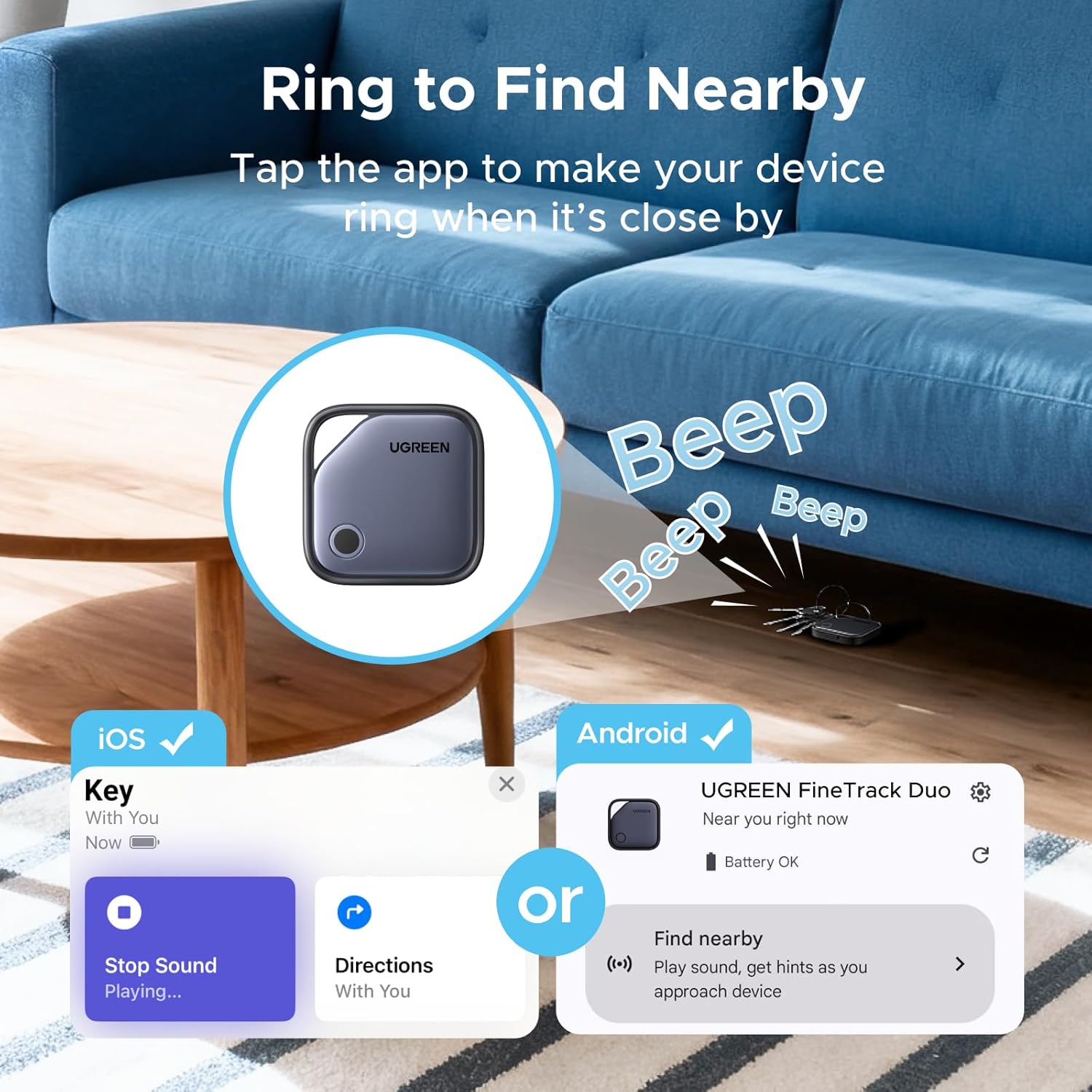UGREEN FineTrack Duo Soporte iOS Find My o Android Find Hub Smart Finder Carga USB C Localizador Bluetooth SmartTag Tracker Rastreador para Llaves Equipaje Cartera Bicicleta Mochila Bolso(4 Piezas) - 5