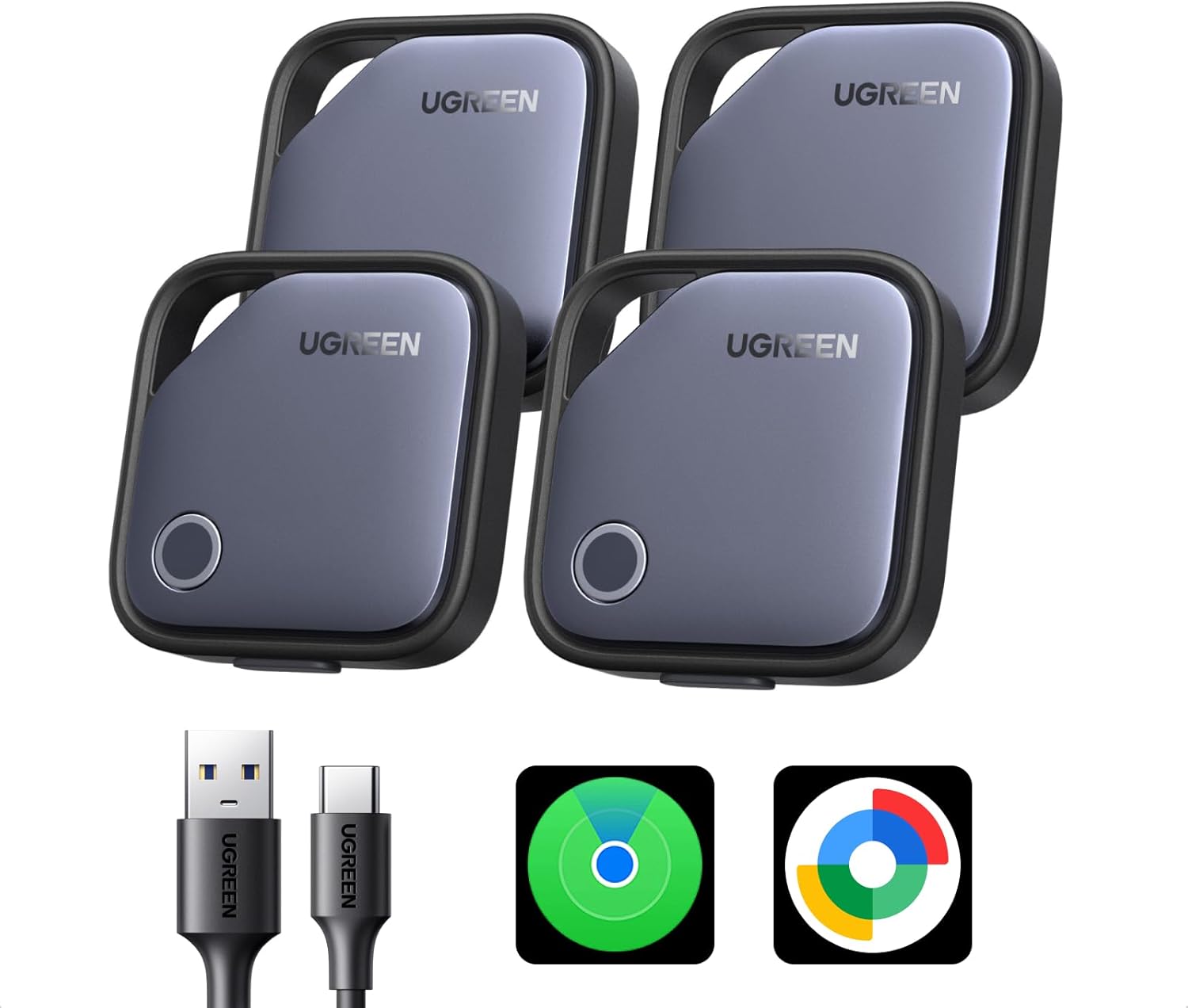 UGREEN FineTrack Duo Soporte iOS Find My o Android Find Hub Smart Finder Carga USB C Localizador Bluetooth SmartTag Tracker Rastreador para Llaves Equipaje Cartera Bicicleta Mochila Bolso(4 Piezas) - 1