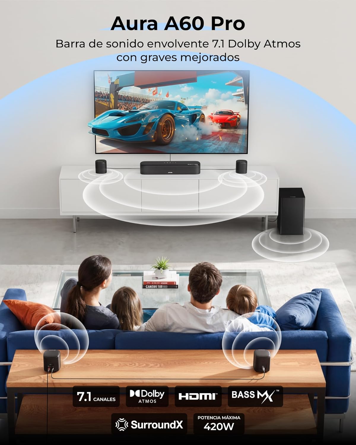 ULTIMEA Barra de Sonido 7.1CH para TV, Sistema de Sonido Dolby Atmos con 4 Altavoces envolventes, VoiceMX, BassMX, 420W de Potencia máxima, HDMI eARC, Control por App, Aura A60 Pro, Modelo 2026 - 2
