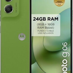 moto g06 24GB (8GB+16GB RAM Boost)/256GB color PANTONE TENDRIL, Gran pantalla 6.88" con sonido Dolby Atmos®, Sistema de cámara con IA de 50 MP, Protección contra el agua IP64, Batería de 5100 mAh