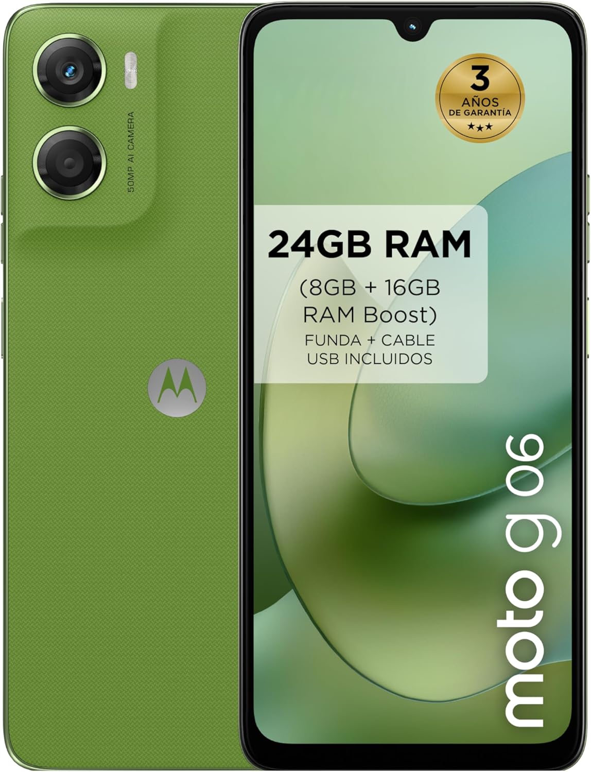 moto g06 24GB (8GB+16GB RAM Boost)/256GB color PANTONE TENDRIL, Gran pantalla 6.88" con sonido Dolby Atmos®, Sistema de cámara con IA de 50 MP, Protección contra el agua IP64, Batería de 5100 mAh - 1